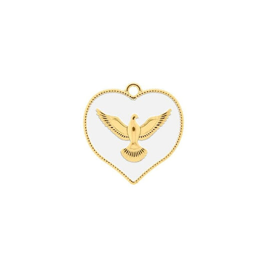 PINGENTE CORAÇÃO POMBA DA PAZ OURO COM RESINA BRANCA 30MM