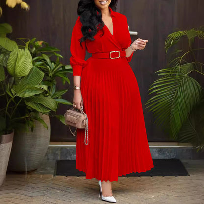 Vestido Midi Elegante com Cinto Outono Plissado Manga Comprida