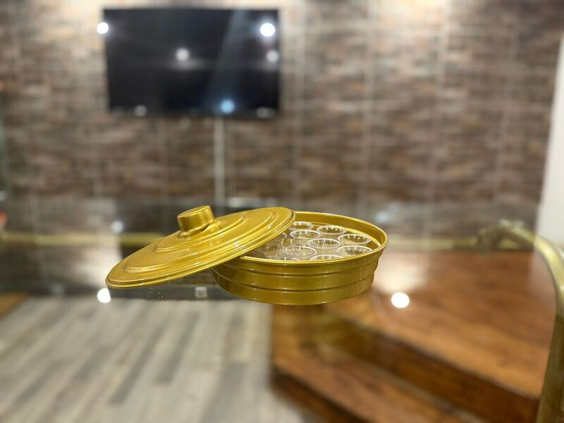 Small golden aluminum tray for Holy Communion with 15 chalices