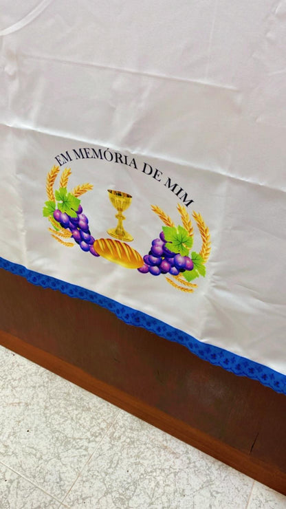 Tablecloth for Holy Communion: White with Blue/Yellow Border