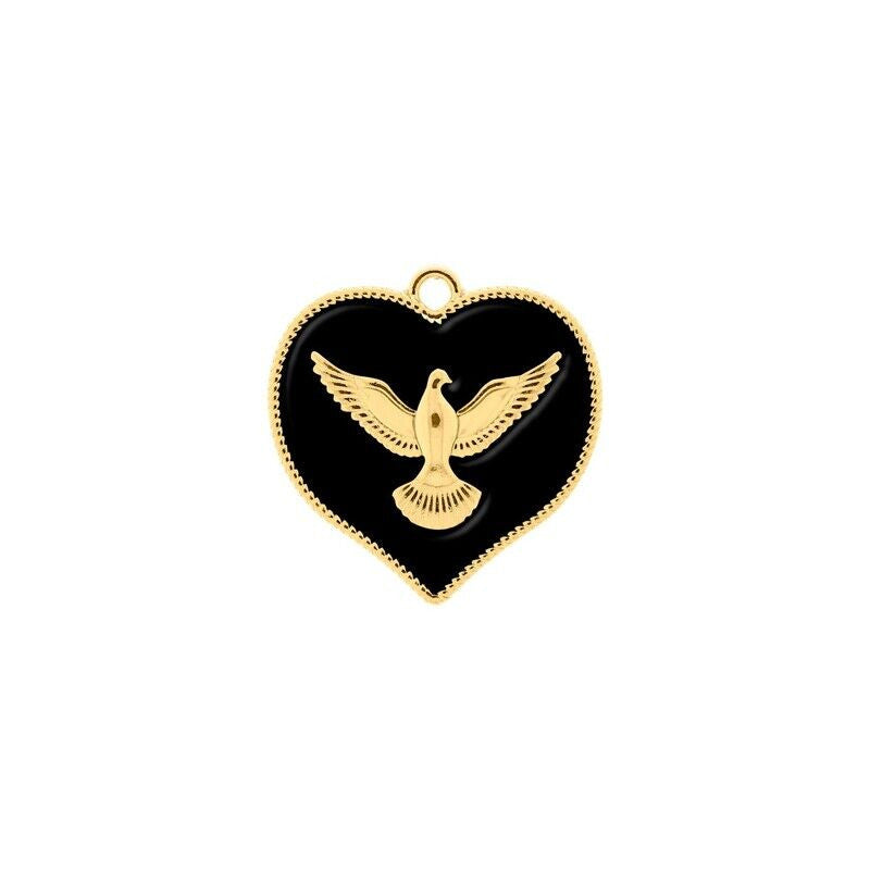 PINGENTE CORAÇÃO POMBA DA PAZ OURO COM PRETO 30MM