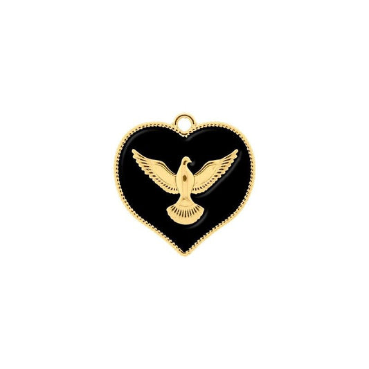 PINGENTE CORAÇÃO POMBA DA PAZ OURO COM PRETO 30MM