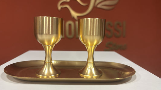 KIT DE CÁLICE DUPLO COM BANDEJA OVAL PARA CEIA (Acabamento Dourado)