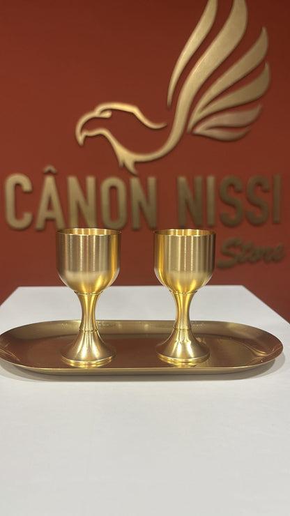 KIT DE CÁLICE DUPLO COM BANDEJA OVAL PARA CEIA (Acabamento Dourado)