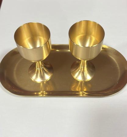 KIT DE CÁLICE DUPLO COM BANDEJA OVAL PARA CEIA (Acabamento Dourado)