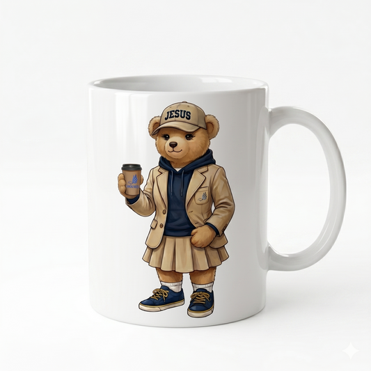 CANECA DE CERÂMICA BRANCA - URSINHA COM BONÉ JESUS E COPO DE CAFÉ