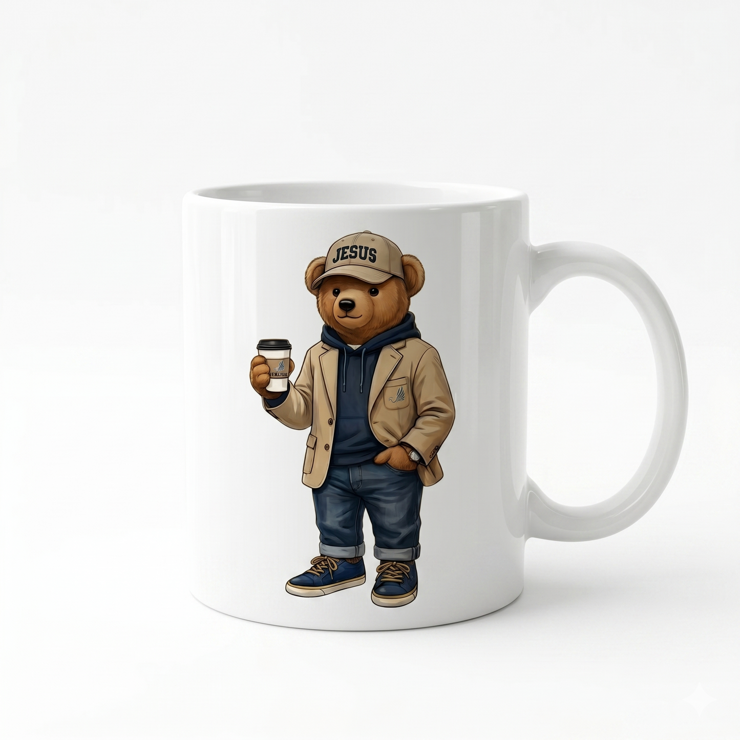 CANECA DE CERÂMICA BRANCA - URSINHO COM BONÉ JESUS E COPO DE CAFÉ