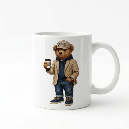 CANECA DE CERÂMICA BRANCA - URSINHO COM BONÉ JESUS E COPO DE CAFÉ