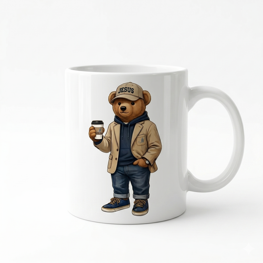 CANECA DE CERÂMICA BRANCA - URSINHO COM BONÉ JESUS E COPO DE CAFÉ