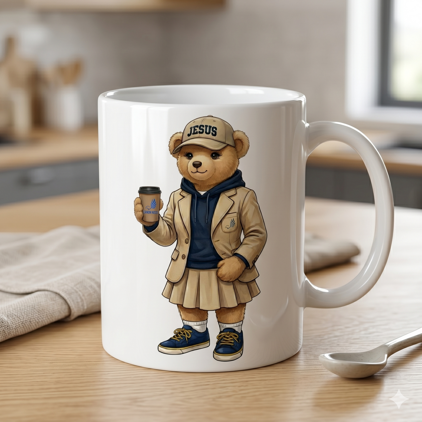 CANECA DE CERÂMICA BRANCA - URSINHA COM BONÉ JESUS E COPO DE CAFÉ
