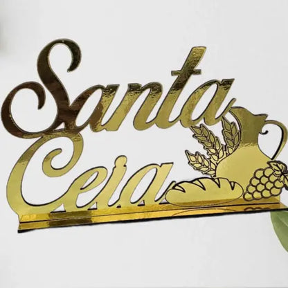 Placa frase decorativa Santa Ceia em MDF dourado