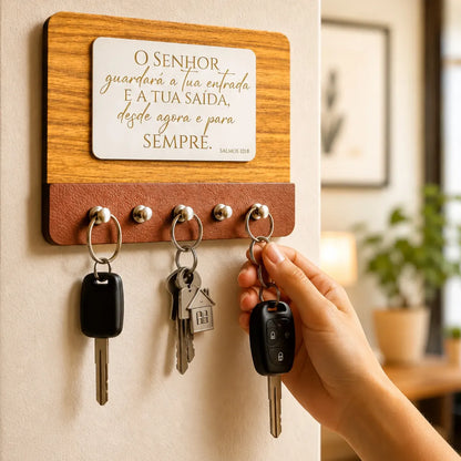 Porta chaves MDF com acabamento em couro - O Senhor Guardara a tua entrada