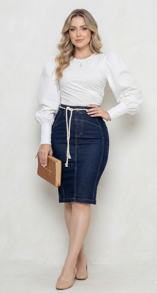 SAIA DE GANGA MIDI LÁPIS COM PESPONTOS