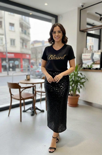 SAIA LANTEJOULAS PRETA MIDI