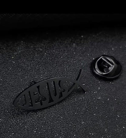 PIN METÁLICO AÇO INOXIDÁVEL JESUS PEIXE PRETO