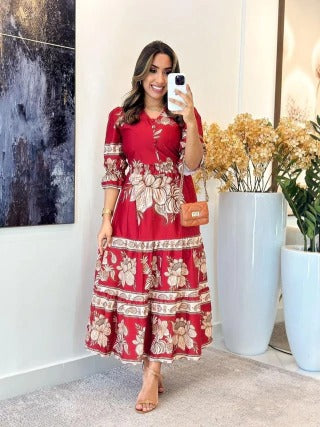 VESTIDO MIDI FLORAL DETALHES EM BOTÕES - HOSANA