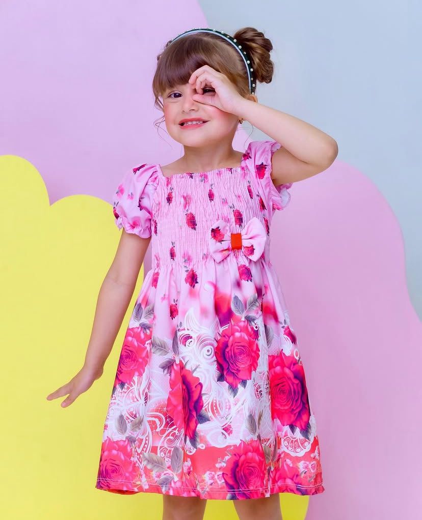 VESTIDO MANGA BUFANTE ROSAS VERMELHA