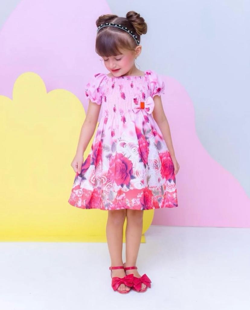 VESTIDO MANGA BUFANTE ROSAS VERMELHA