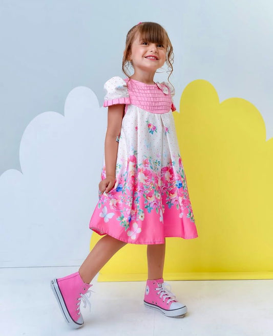 VESTIDO TRAPEZIO LUXO ROSA BEBE COM BOLINHAS