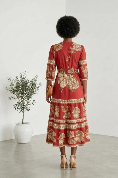 VESTIDO MIDI FLORAL DETALHES EM BOTÕES - HOSANA